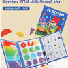 A magnetic fraction teaching set includes colorful fraction pieces and a workbook for developing STEM skills through play.