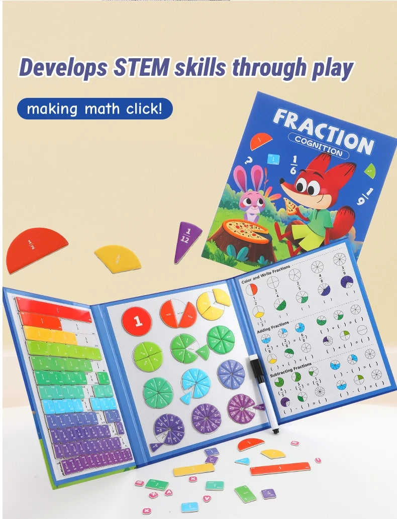 A magnetic fraction teaching set includes colorful fraction pieces and a workbook for developing STEM skills through play.