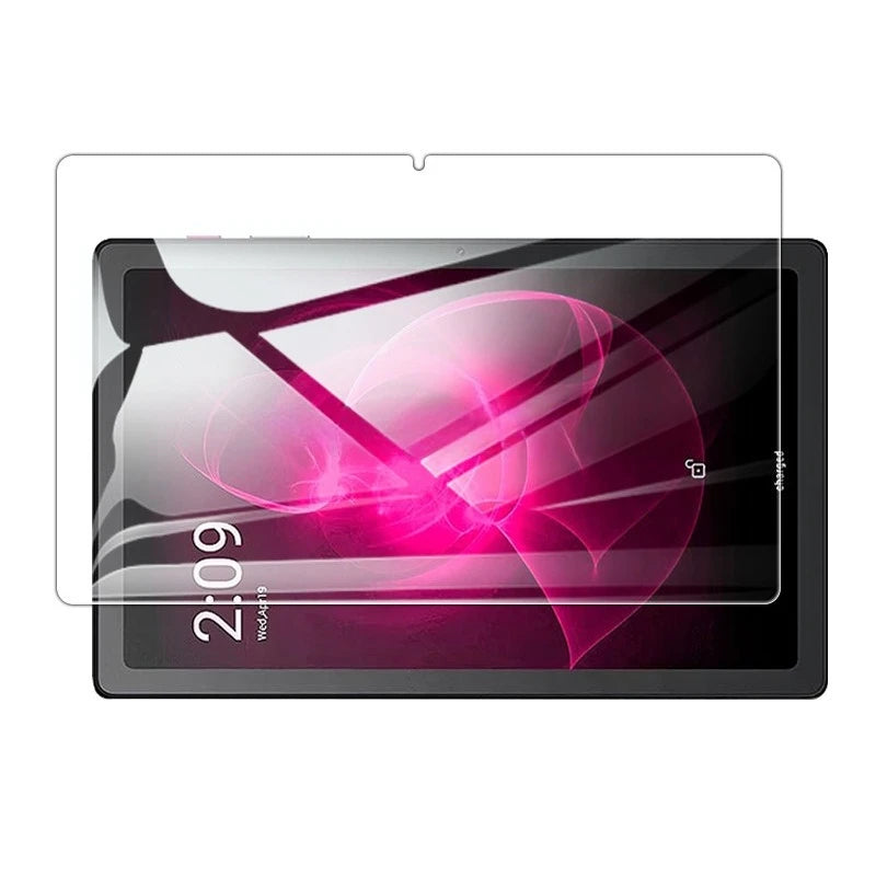 Klares gehärtetes Glasschutzbild für ein Tablet mit einem leuchtenden rosa und lila abstrakten Design.