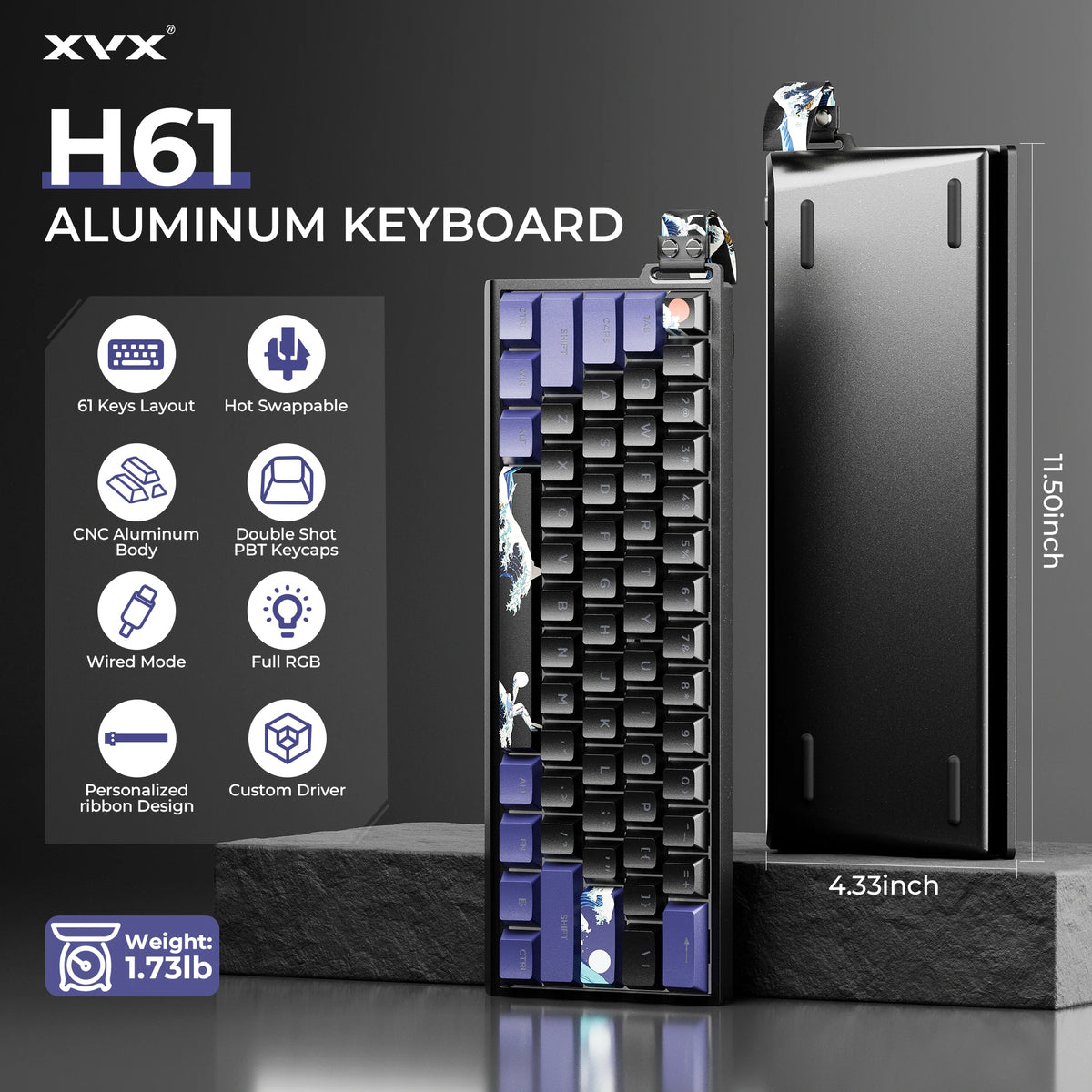 A close-up view of an aluminum mechanical keyboard with purple and black keycaps and a matching case.