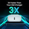 A white 3X faster charger device is shown resting on a dark surface with blue light effects.