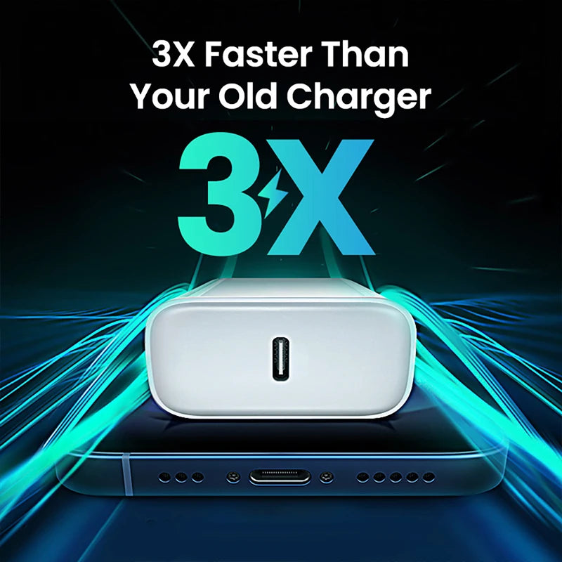 A white 3X faster charger device is shown resting on a dark surface with blue light effects.