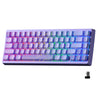 A purple mechanical keyboard with RGB lighting and hot-swap switches is shown.