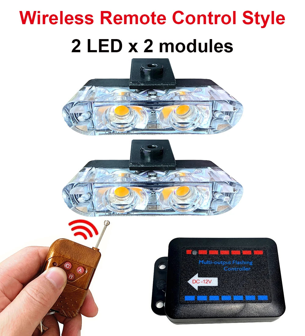 Two LED strobe modules and a remote control are shown for wireless remote control style emergency lights.
