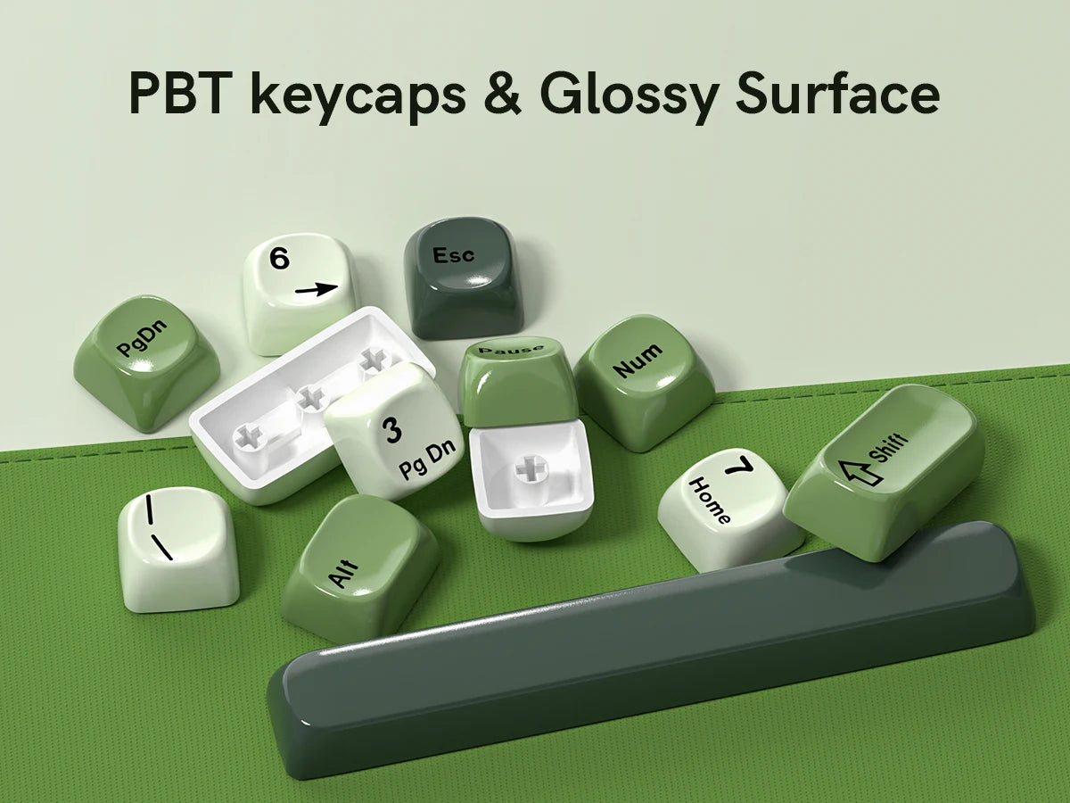 A collection of bright green PBT keycaps, including PgDn, Esc, Num, and Shift keys, displayed on a green surface.