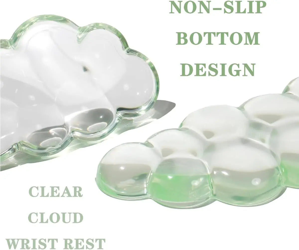Clear silicone cloud wrist rest with a non-slip bottom design for keyboard and mouse.
