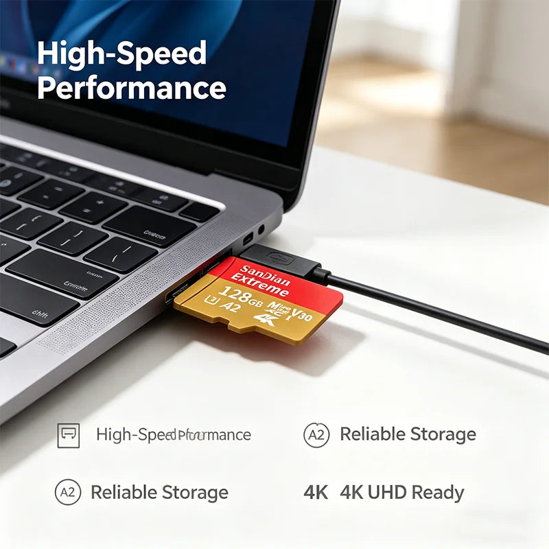 A close-up of a laptop and a SanDian Extreme high-speed memory card being used for storage.