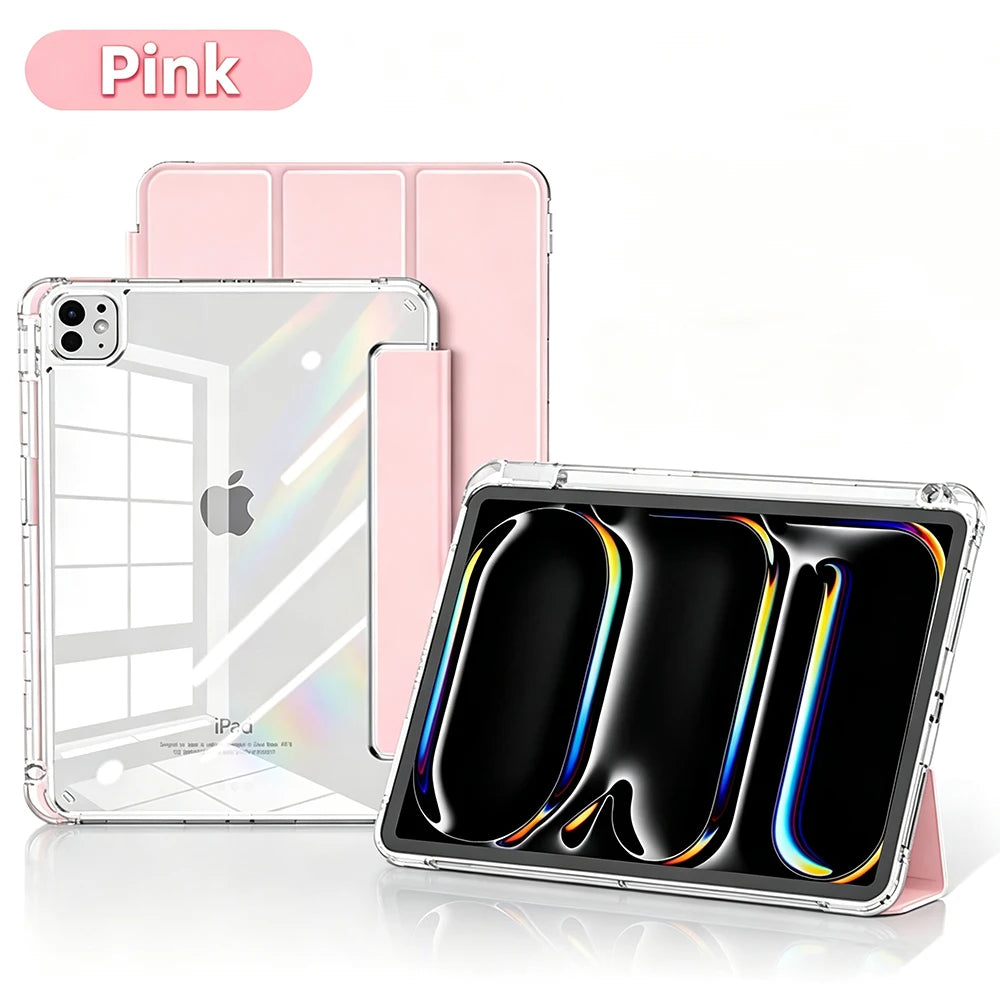 A pink transparent acrylic protective case for an iPad Mini is shown next to a black display screen protector.