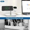 Magnetische kabellose Ladestation für Smartphone und Ohrhörer auf einem weißen Schreibtisch.