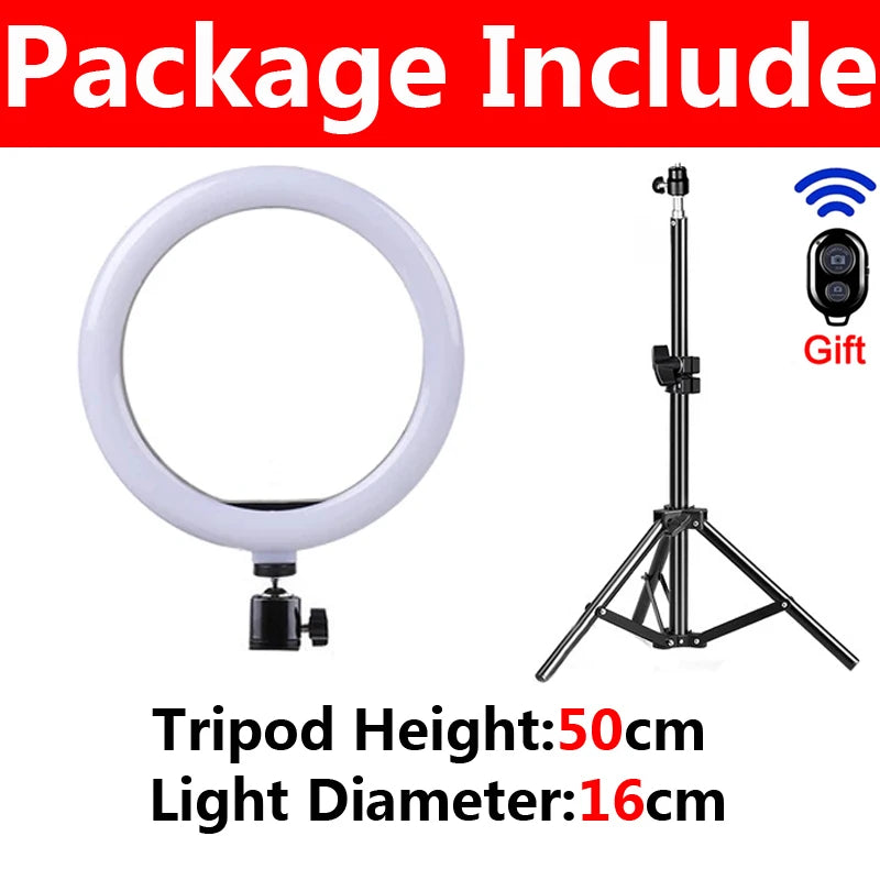 Adjustable LED ring light with a tripod stand and 50cm height, featuring a 16cm diameter light.