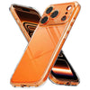 Teléfono naranja con funda de silicona transparente en forma de X, mostrando la parte trasera y frontal.