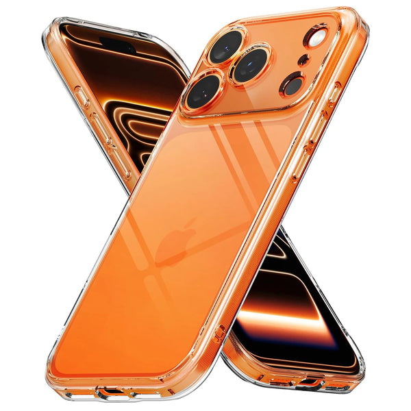 Teléfono naranja con funda de silicona transparente en forma de X, mostrando la parte trasera y frontal.
