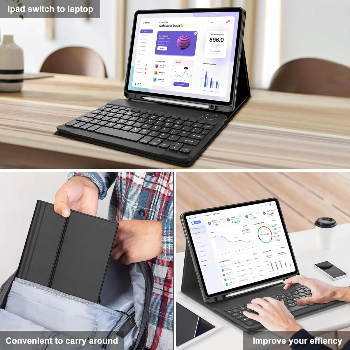 Estuche de teclado desmontable negro para iPad junto a una laptop, demostrando portabilidad y eficiencia.