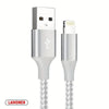 A silver Lightning cable with a USB-C connector and a braided cable tip.