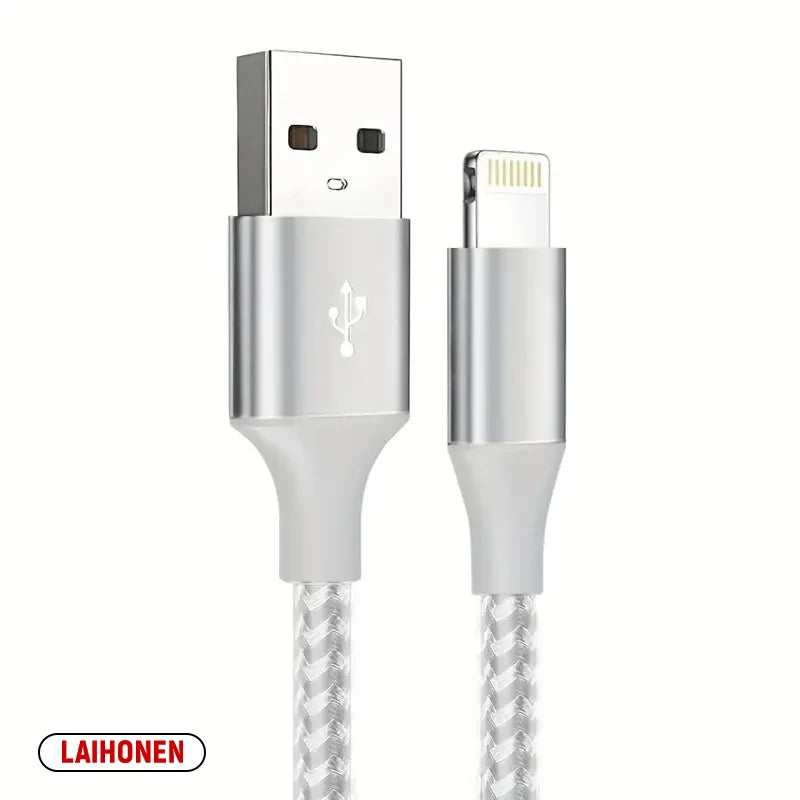 A silver Lightning cable with a USB-C connector and a braided cable tip.