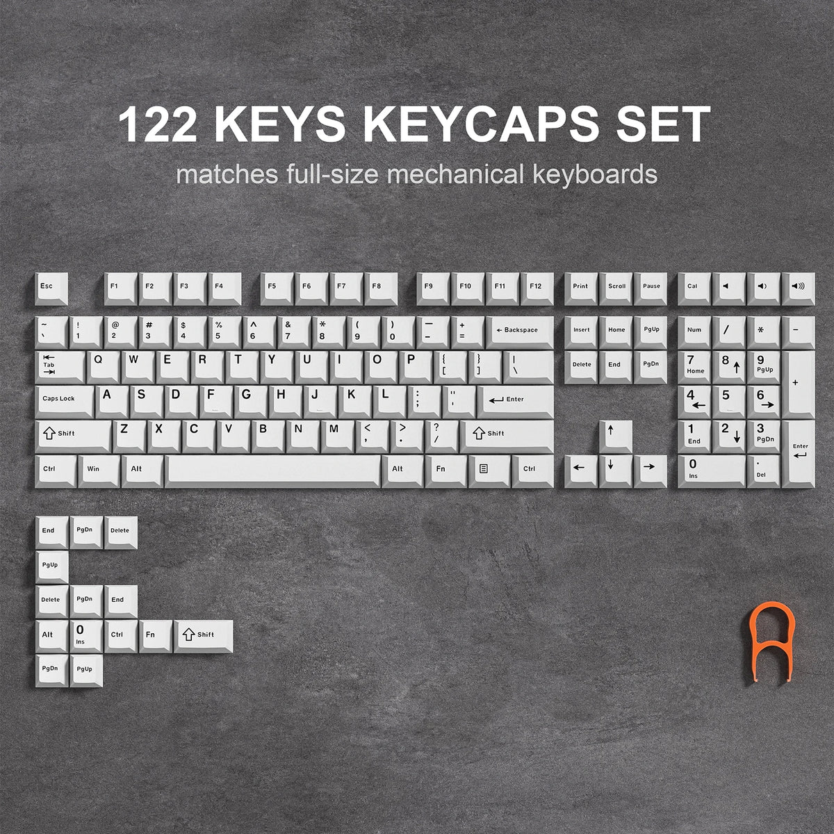A set of 122 keycaps for full-size mechanical keyboards displayed on a dark gray surface.