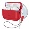 A red charging case for AirPods Pro with a magnetic lid and a white wireless earbud visible.
