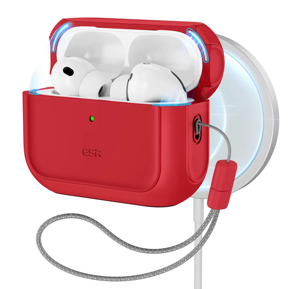 A red charging case for AirPods Pro with a magnetic lid and a white wireless earbud visible.