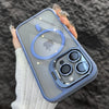 A hand holds a light blue magnetic shockproof phone case for an iPhone displaying the Apple logo and camera modules.