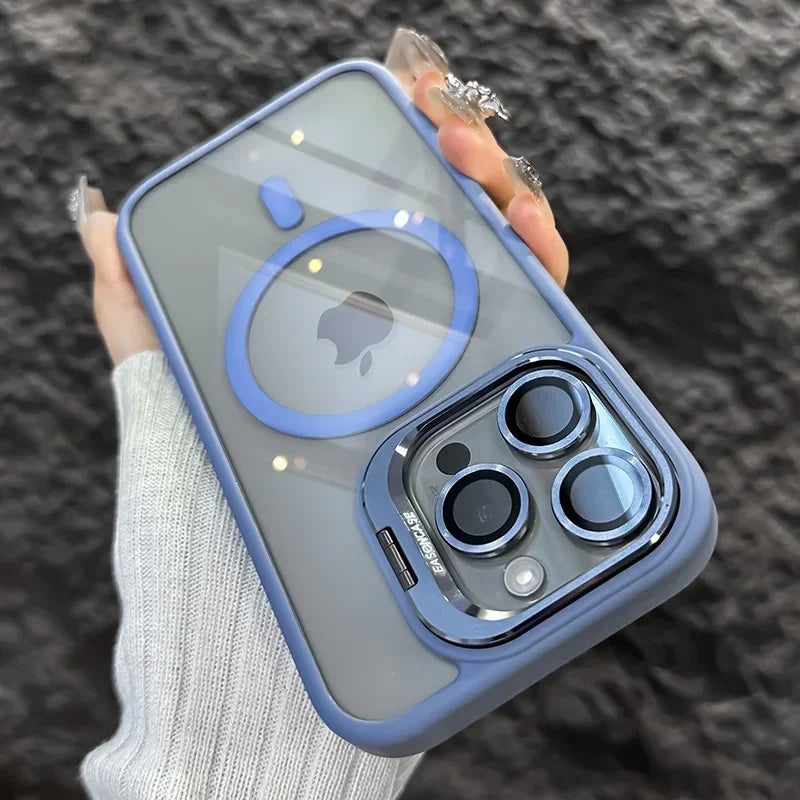 A hand holds a light blue magnetic shockproof phone case for an iPhone displaying the Apple logo and camera modules.
