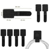 Reusable adhesive cable ties in black, shown with various sizes and a coiled wire.