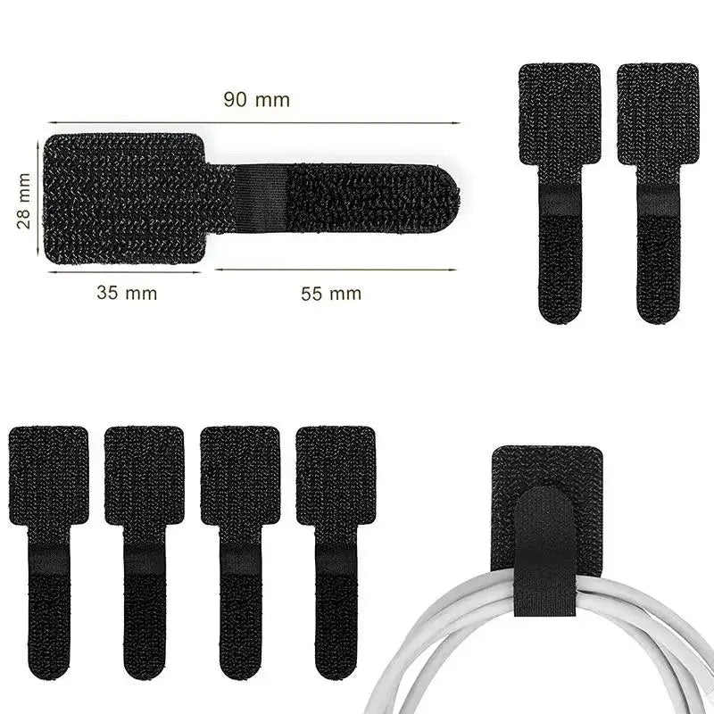 Reusable adhesive cable ties in black, shown with various sizes and a coiled wire.