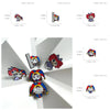 A set of five metal pins featuring cartoon anime characters in various poses and colors.