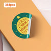 A round green photo sticker with a yellow border and a star design is shown on an orange background.