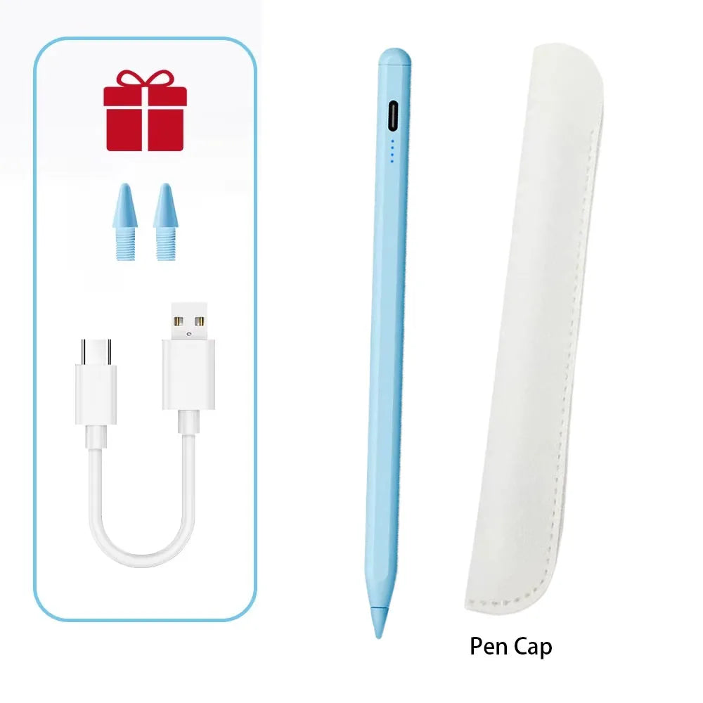 A blue precision stylus pen and a white protective pen cap are shown with accessory icons.