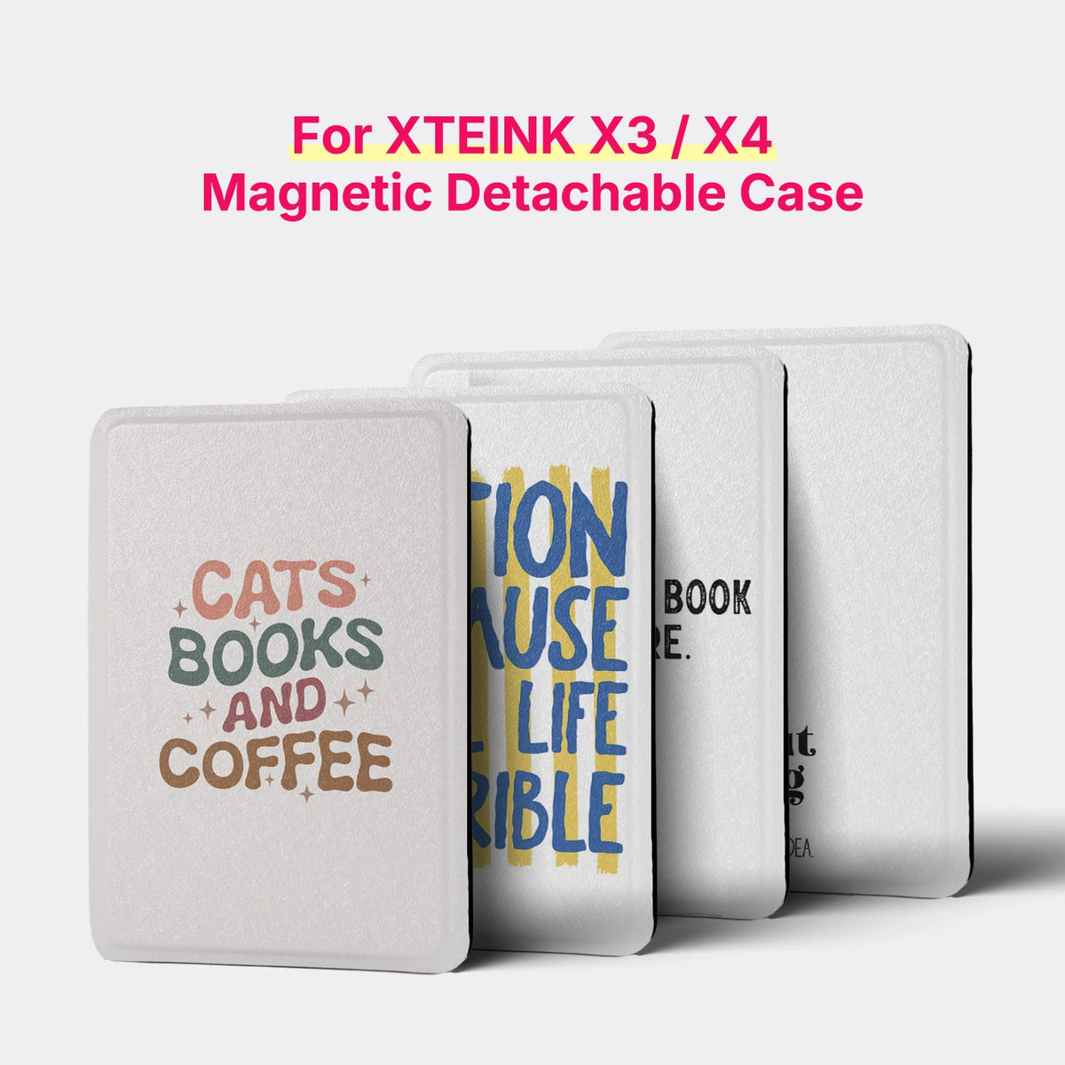 A white magnetic detachable case for an XTEINK X3 or X4 e-reader, featuring a design with text and illustrations.