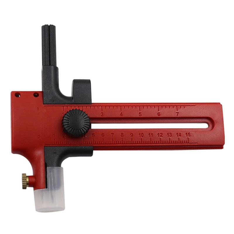 Herramienta de corte circular ajustable roja y negra con cuchilla deslizante para manualidades.