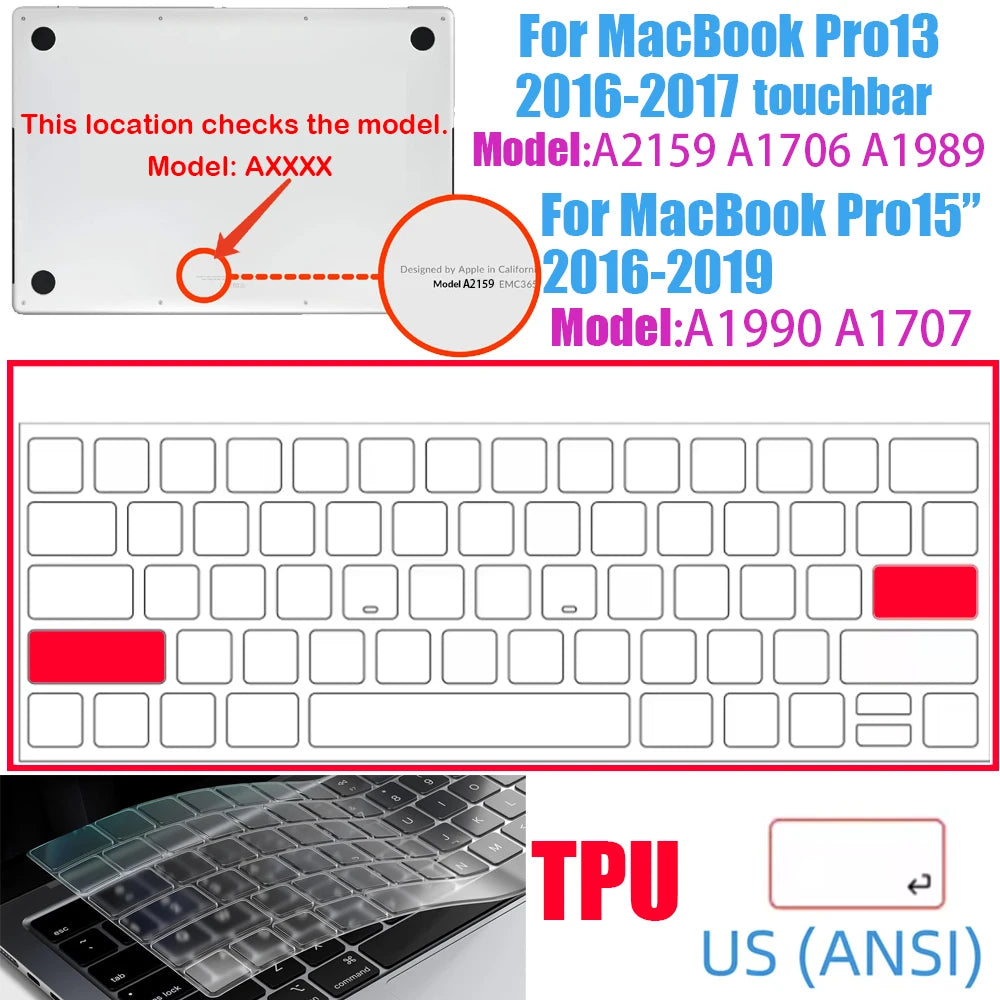 Ultra-thin TPU keyboard cover for MacBook Pro with a silicone switch and keycap design.
