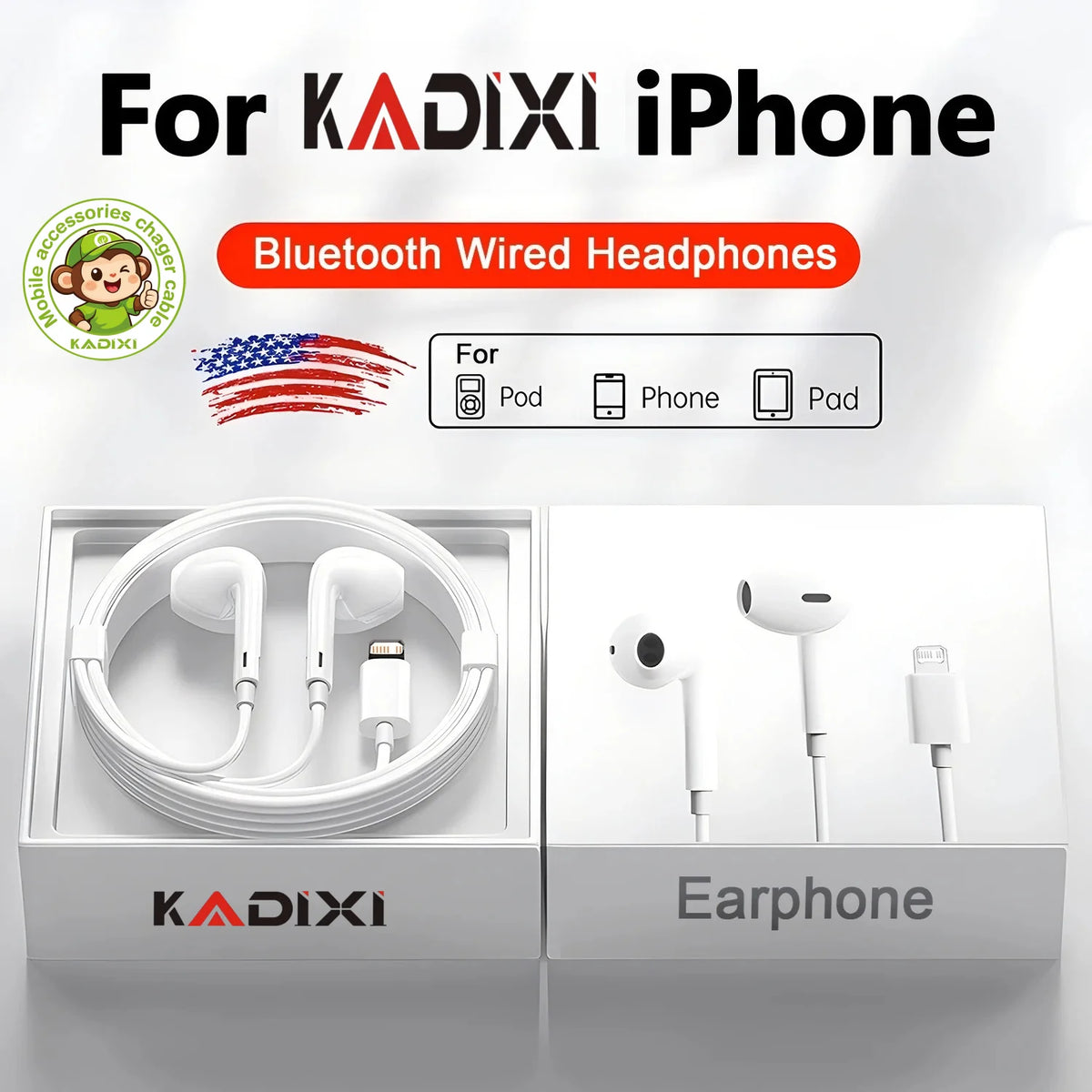 White wired Bluetooth earphones and cable accessories packaged for iPhone devices
