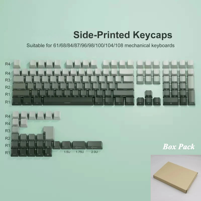 A box pack of side-printed PBT double-shot cherry profile keycaps for mechanical keyboards.