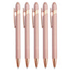 A set of five pink metal stylus pens with gold accents displayed vertically.