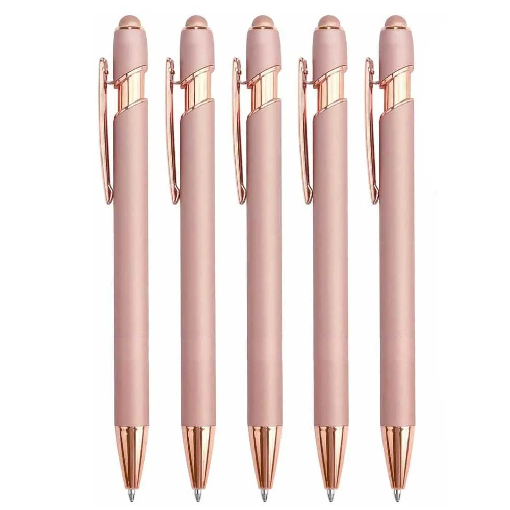A set of five pink metal stylus pens with gold accents displayed vertically.