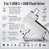 A silver 2 in 1 USB C and USB Flash Drive featuring dual interface functionality and expandable storage.