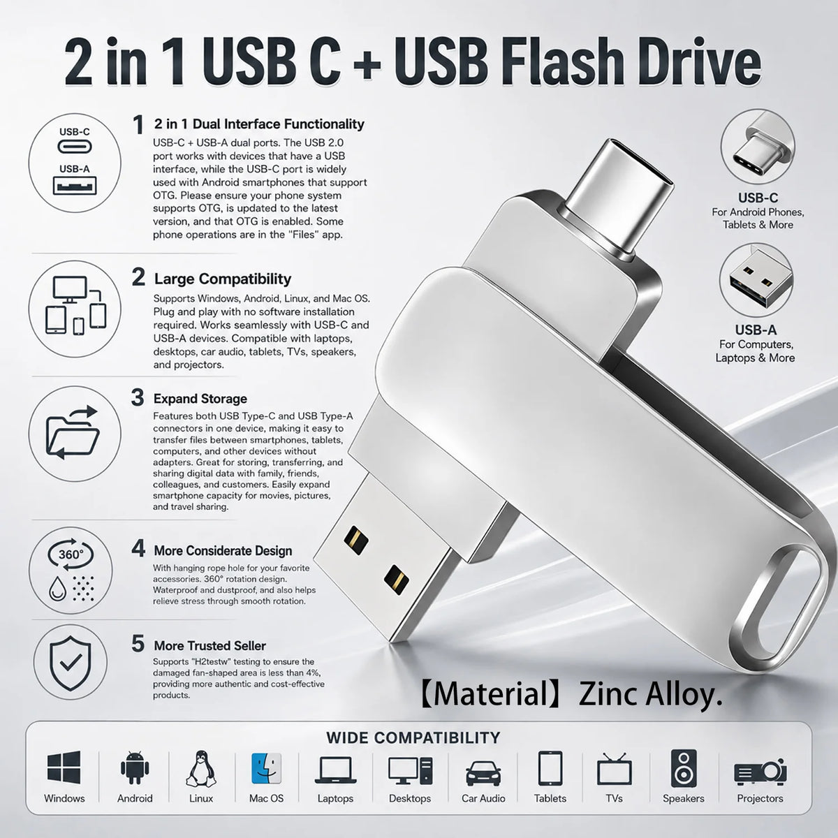 A silver 2 in 1 USB C and USB Flash Drive featuring dual interface functionality and expandable storage.