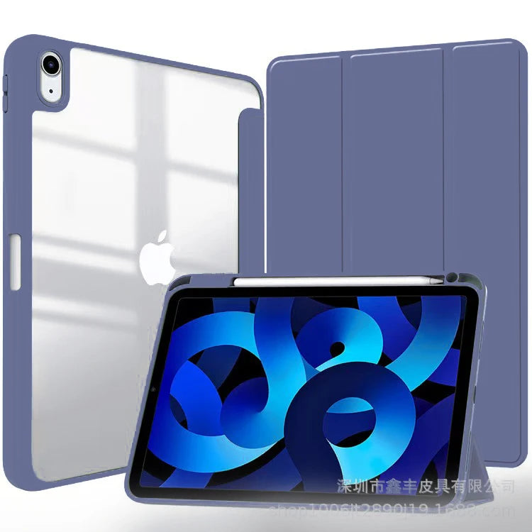 A silver tablet case and a blue iPad with a protective hybrid case featuring a pencil holder.