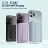 A purple and silver portable magnetic wireless power bank with a protective case shown on a white surface.