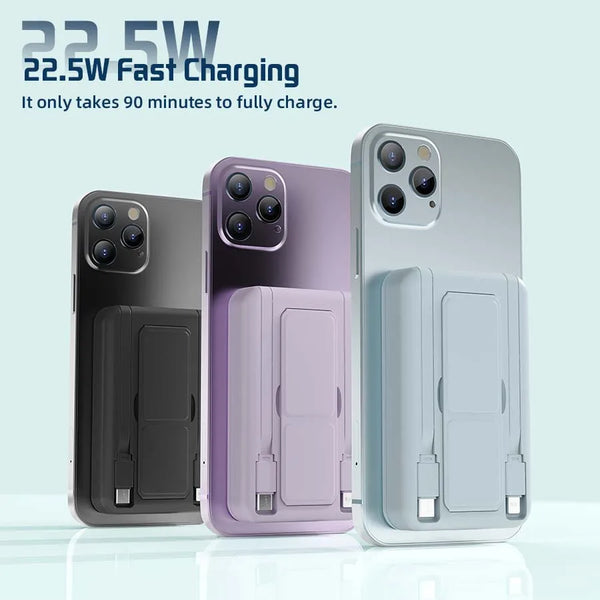 A set of three portable magnetic wireless power banks in black, purple, and silver colors.