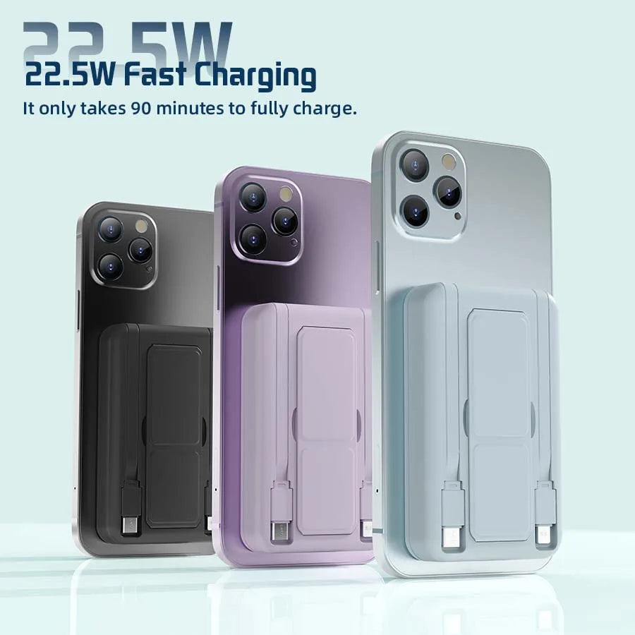 A set of three portable magnetic wireless power banks in black, purple, and silver colors.