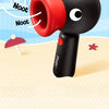A black Pingu penguin handheld fan with a red rotating head is shown against a light blue background.