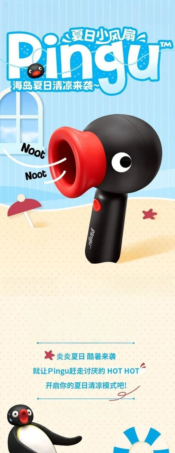 A black Pingu penguin handheld fan with a red rotating head is shown against a light blue background.