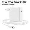 A white MacBook charger with a USB-C cable is shown, featuring power options of 61W, 87W, 96W, and 118W.