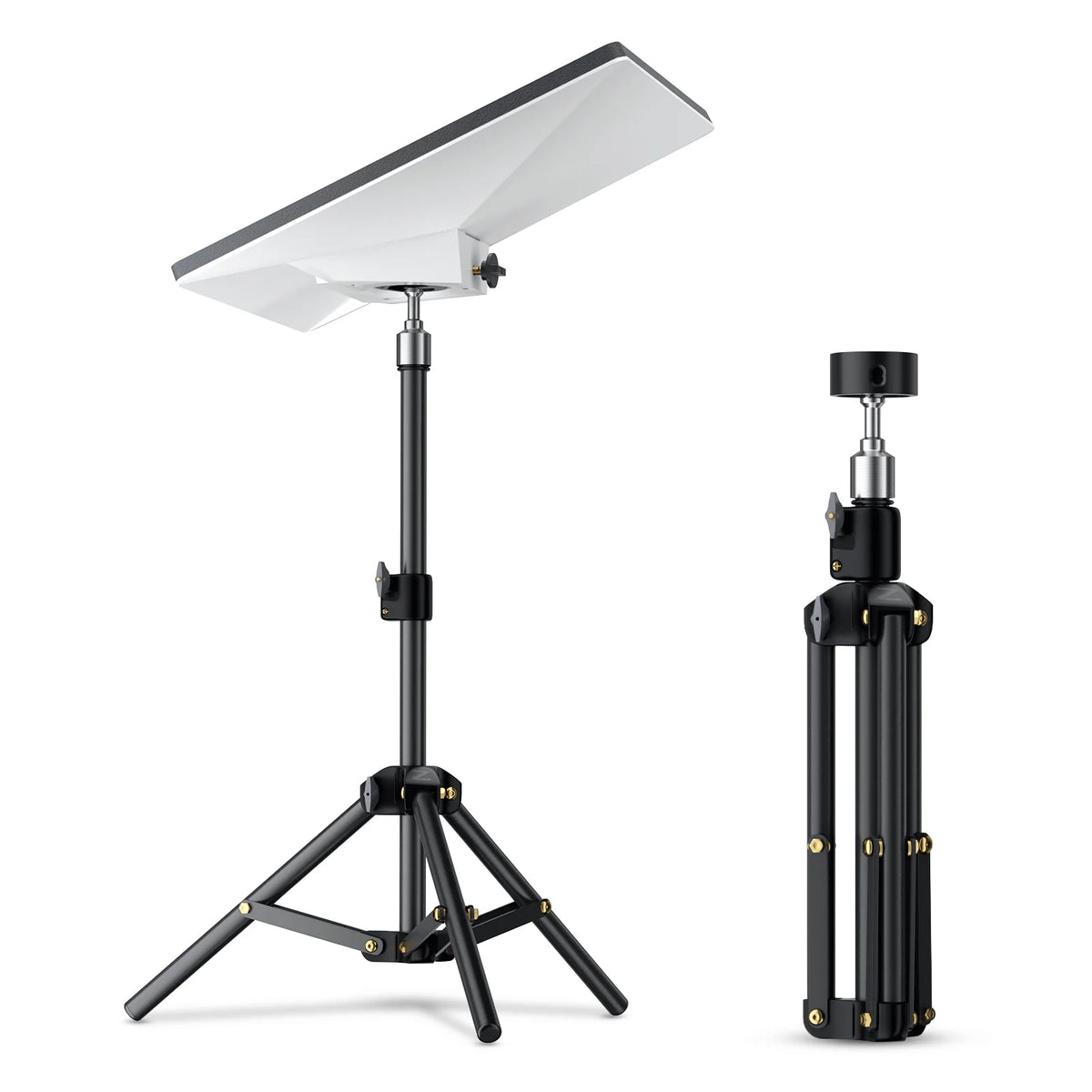 Soporte trípode portátil ajustable negro con panel de luz plateado.