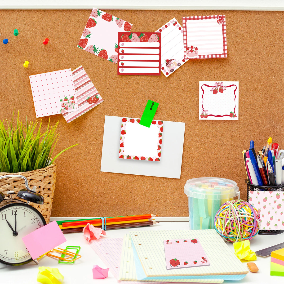 A collection of pink and red strawberry-shaped self-stick memo notes displayed on a corkboard.