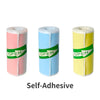 Drei Rollen selbstklebendes Thermopapier in rosa, blau und gelb.