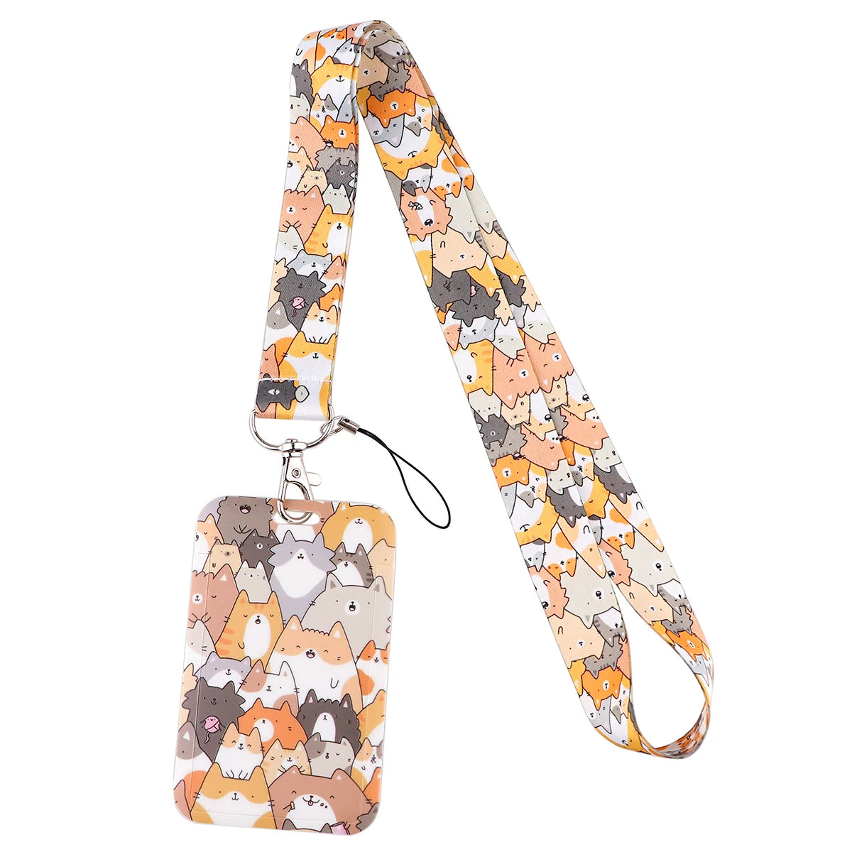 A patterned cat card holder lanyard featuring a repeating design of cartoon cats on an orange and white background.