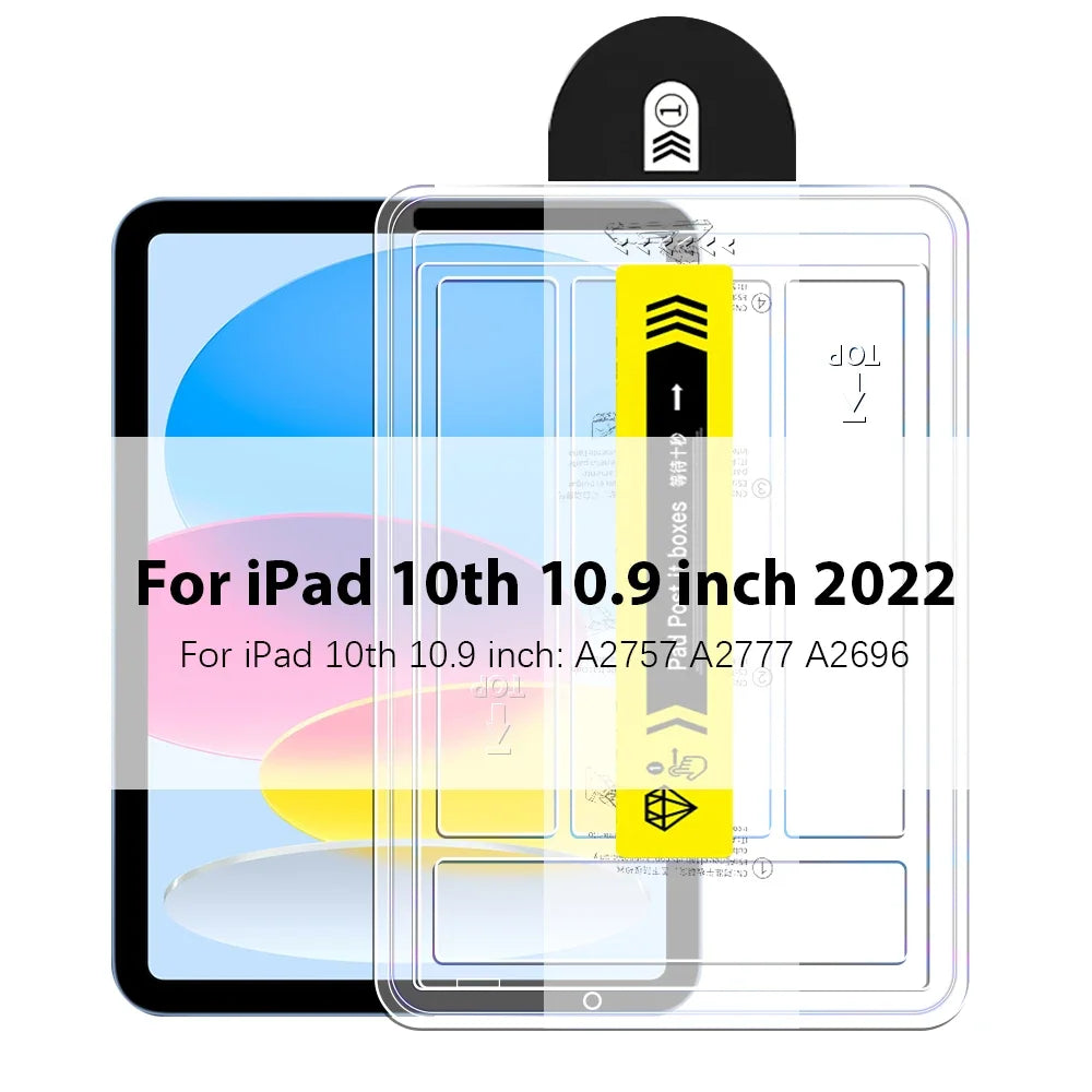Protector de pantalla de vidrio templado para iPad de 10.9 pulgadas con guía de alineación amarilla.